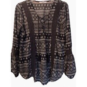 Hint Of Mint Womens Dark Olive White Paisley Boho Blouse w/Tie Front, Size M